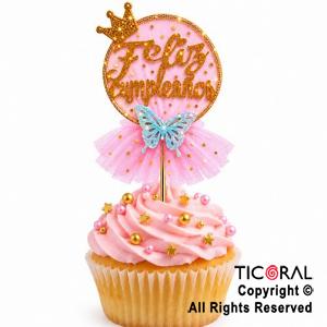 CAKE TOPPER FELIZ CUMPLEA�OS CIRCULO ORO CON TUL ROSA